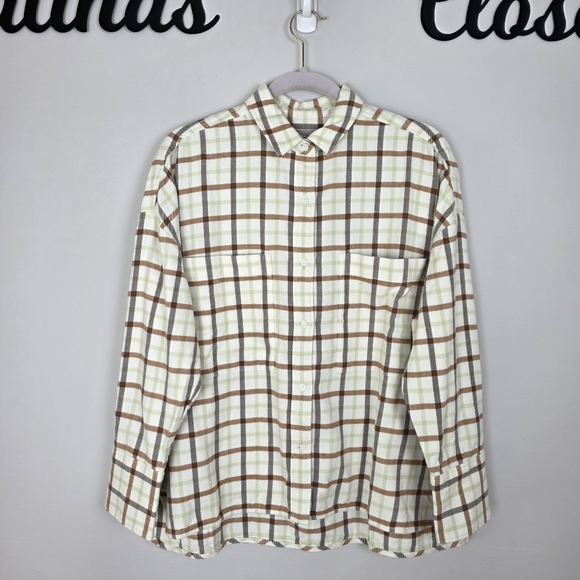 Everlane Boxy Flannel Cream Brown Plaid Button Down Shirt Sz Women's Medium NWT - Picture 4 of 13